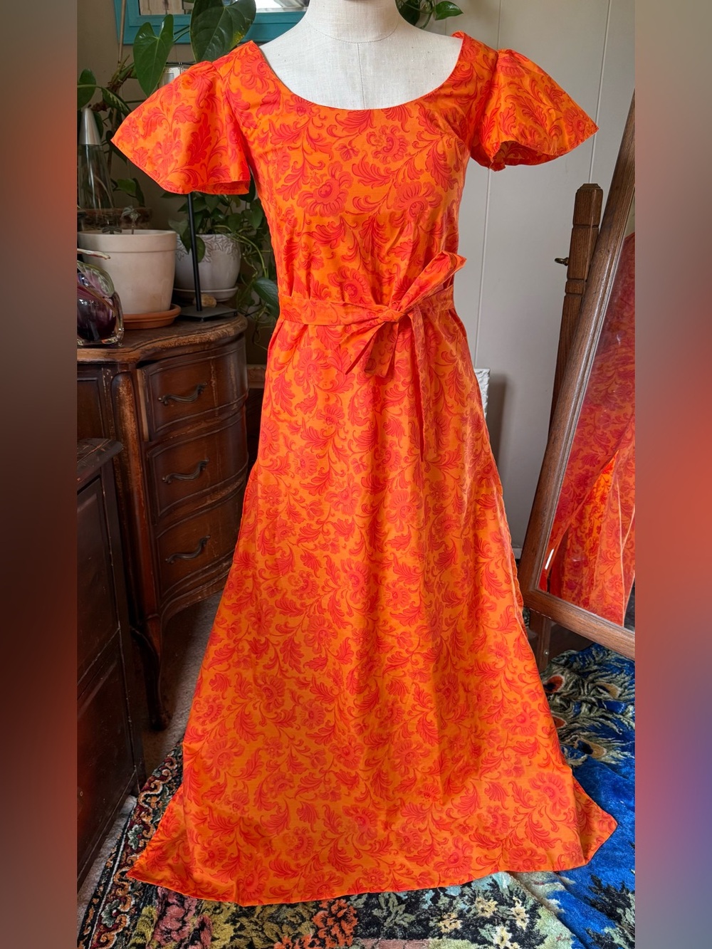 Vintage Bright Orange Floral Tie-Waist Maxi Dress, size Small